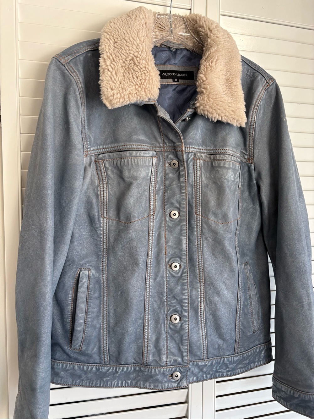 Wilson’s Addison “Aged Denim” Leather Trucker Jacket Sz M Removable Fur Collar